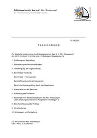 Tagesordnung der Abteilung Wassersport des Polizeisportvereins Saar e.V. zur Mitgliederversammlung 2025
